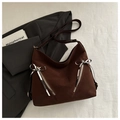 Large dark brown hobo bag in suede texture with silver bow and zipper details - Coffee
