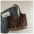 Large vintage leopard print tote bag with bow detail and premium leather bottom - Dark Khaki