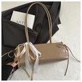 Khaki rectangular leather underarm bag with white lace bow and elegant double straps - Khaki
