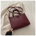 Burgundy lychee grain leather tote bag with top handles and adjustable strap - Red