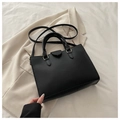 Black lychee texture leather handbag with gold hardware and detachable shoulder strap - Black