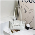 Minimalist white leather tote bag with stylish buckle strap and adjustable shoulder handle - White