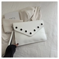 Minimalist white leather envelope clutch with black metallic eyelets and wrist strap - White
