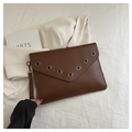 Brown minimalist envelope clutch bag with silver eyelets and wristlet strap detail - Coffee