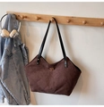 Dark brown faux suede tote bag with quilted stitching and gold rectangular metal buckle - Brown