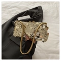 Golden sequin baguette bag with delicate chain straps for stylish party wear - Gold