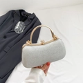 Elegant silver glitter evening clutch with gold circular handle and diamond clasp - Silver