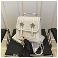 Detail of white vintage leather backpack with silver star buckles and gold stitching - Off White