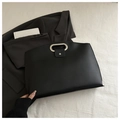 Minimalist large black briefcase bag with oval metal handles and matte leather finish - Black