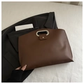 Dark brown large capacity briefcase with silver metal oval handle and leather texture - Coffee