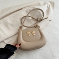 Beige saddle bag with golden metal bow detail and knotted thin shoulder strap - Khaki