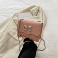 Pink crinkled patent leather mini bag with silver bow buckle and chain strap - Pink