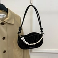 Black ruched underarm bag with pearl heart chain and adjustable strap in korean style - Black