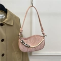 Pink pleated underarm bag with silver heart chain and pearl strap hanging decoration - Pink