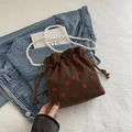 Brown corduroy bucket bag with red strawberry print and elegant white pearl strap - Brown