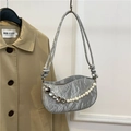 Silver satin hobo bag with pleated texture, large pearl charm and heart pendant - Gray