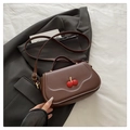 Brown faux leather crossbody bag with 3D red cherry metal buckle and top handle - Coffee