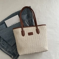 Borsa tote in paglia intrecciata beige con finiture in ecopelle marrone donna - Marrone