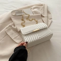 White quilted rectangular handbag with V-stitch patterns and gold metal chain strap - White