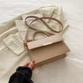 Minimalist beige PU leather crossbody square bag with gold metal clasp and top handle - Khaki