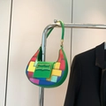 Multicolor geometric patchwork hobo bag with green leather trim and golden metal buckle - Green