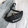 Black durable nylon fanny pack with white lettering and adjustable shoulder strap - Black