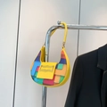 Chic yellow crescent hobo bag with vibrant multi-color geometric patchwork and silver buckle - Yellow
