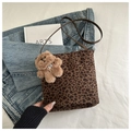 Vintage leopard print suede bucket bag with plush dog charm and brown strap - With Charm / Brown