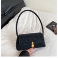 Minimalist black retro shoulder bag with textured finish and golden buckle detail - Black