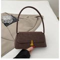 Chic dark brown faux leather rectangular handbag with vintage gold buckle closure - Coffee