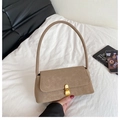 Minimalist apricot shoulder bag with vintage faux leather and golden metal clasp lock - Dark Khaki