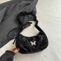 Schwarze geraffte Halbmond-Schultertasche mit silberner Schmetterlingsschnalle - Schwarz