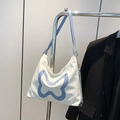 Weiße Leder-Tragetasche mit blauem Schmetterlings-Design und silbernen Kettenriemen - Weiß
