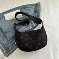 Black corduroy crescent bag with strawberry print and adjustable nylon shoulder strap - Black (Strawberry Print)