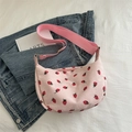 Pink corduroy dumpling bag with red strawberry print and adjustable strap - Pink (Strawberry)
