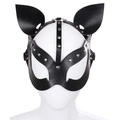 Black PU leather cat face mask with silver metal rivets and rings for costume parties - Black Rivet Cat Mask (WNDA21261)