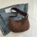 Dark brown corduroy crescent bag with strawberry print and adjustable wide strap - Brown (Strawberry Print)