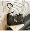 Elegant black crescent shoulder bag with metallic M logo and monogram leather print - Black