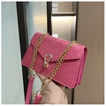 Macro view of rose red faux crocodile leather texture and golden metal lock on handbag - Rose Red