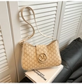 Elegant beige monogram crossbody bag with golden M metal buckle and vintage leather strap - White