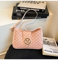 Pink crescent crossbody bag with all-over M-letter print and gold metal buckle - Pink