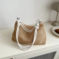 Elegante borsa tote in paglia intrecciata con spalline in pelle bianca e metallo - Bianco