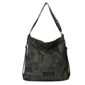 Olive green tote bag with artistic newspaper print and embroidered wide strap - Green