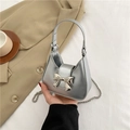 Silver metallic semi-moon mini handbag with a 3D bow and detachable chain strap - Silver
