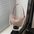 Rainbow woven handbag with pink butterfly embroidery and elegant pearl shoulder strap - Pink