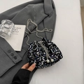 Black sequin bucket bag for women featuring iridescent sparkles and pearl drawstrings - Colorful