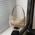 Woven straw handbag with pink butterfly embroidery and elegant pearl chain strap - Khaki