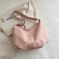 Pink pleated cloud tote bag with adjustable strap and fashion label on nylon fabric - Pink