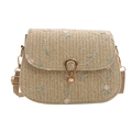 Retro handmade straw crossbody bag with pink floral embroidery and gold metal lock - Khaki