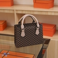 Vintage dark brown tote bag with geometric gold circle patterns and nude beige handles - Khaki